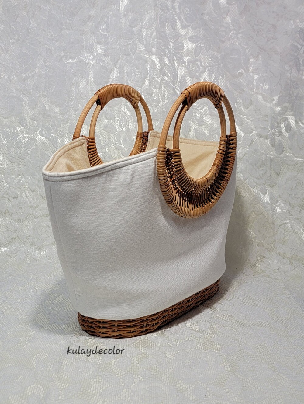 White Canvas Handmade Tote Bag Wicker Rattan Ring Handles Woven Trim Beach Purse